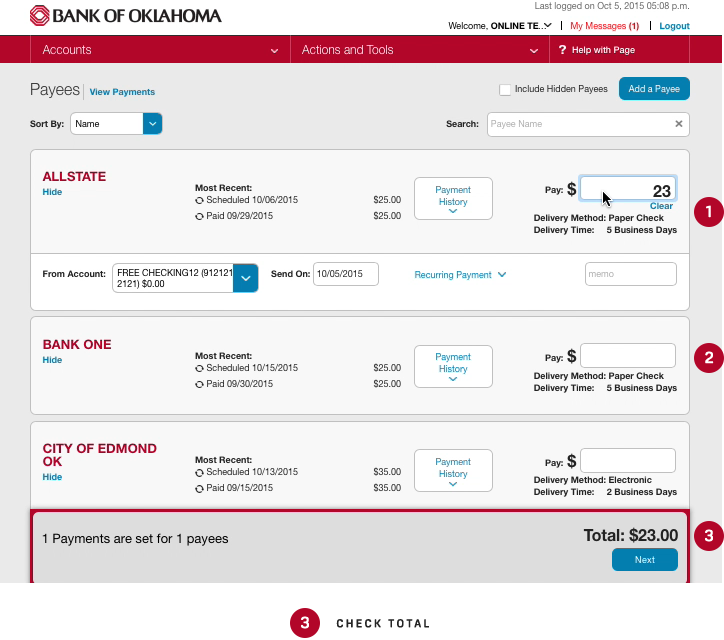 Bank of Oklahoma Online Bill Pay Screenshot
